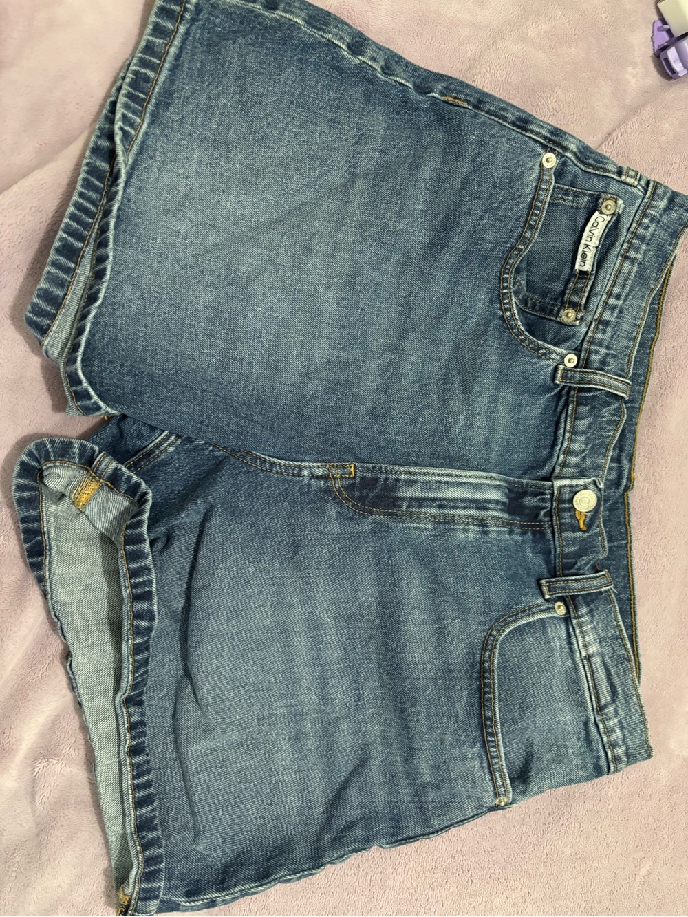 Calvin Klein Mid-Blue Denim Shorts with Tan Leather Logo Patch